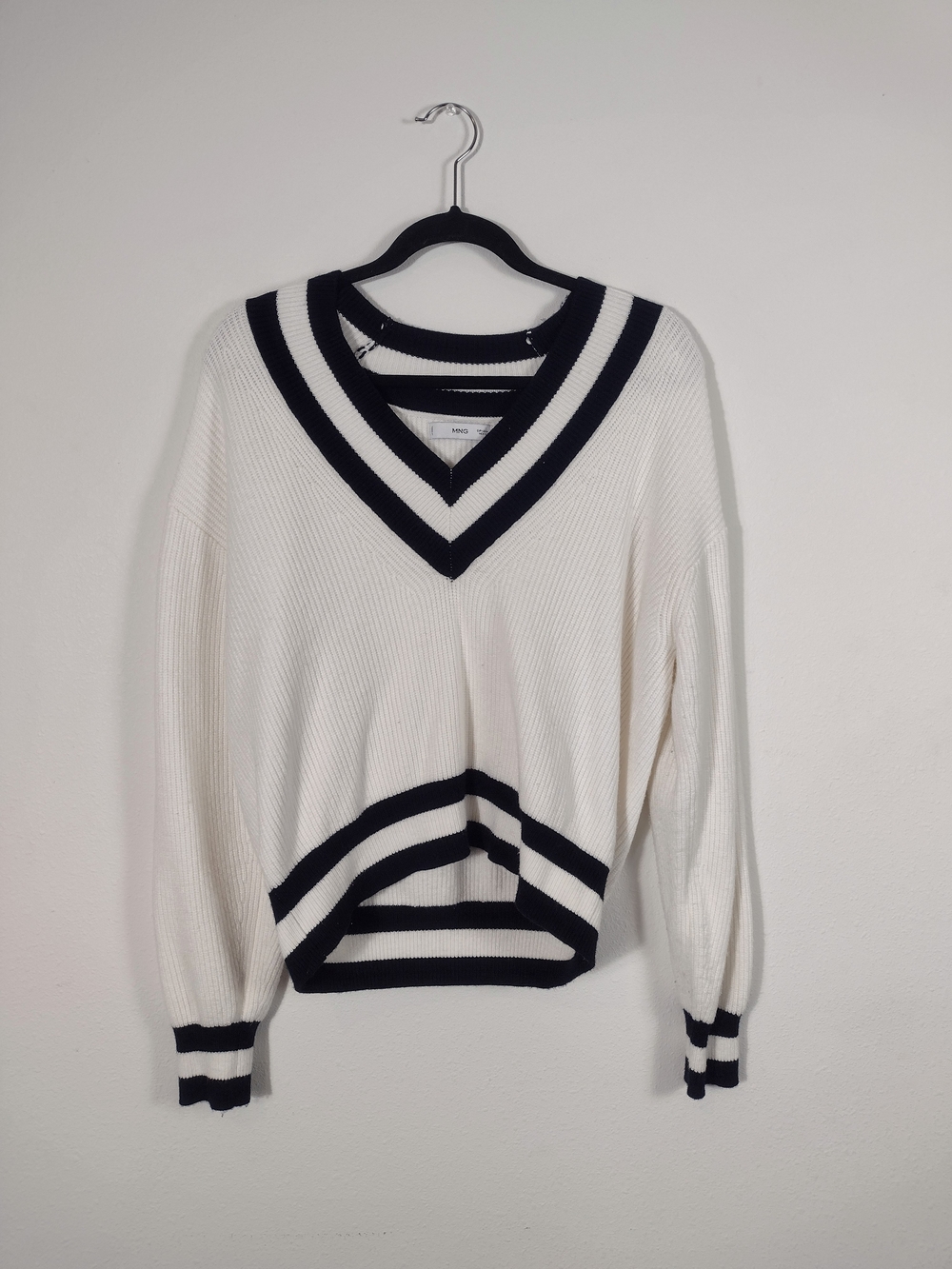 MANGO White Contrast Varsity Striped V-Neck Sweater Size M